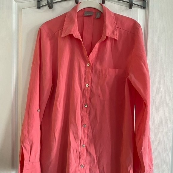 Chico's Sz 1 Button Up Top Womens Medium/8 Pink orange Color Roll Tab Sleeve - Picture 1 of 12